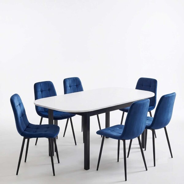 Set Masă Extensibilă Carla Albă 134–174 × 80 cm cu 6 Scaune Gya Albastre, Tapițate, Picioare Metalice Negre