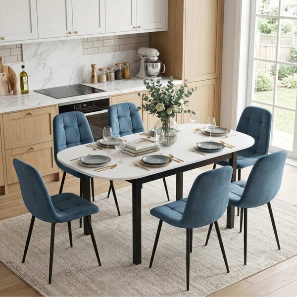 Set Masă Extensibilă Carla Albă 134–174 × 80 cm cu 6 Scaune Gya Turcoaz, Tapițate, Picioare Metalice Negre