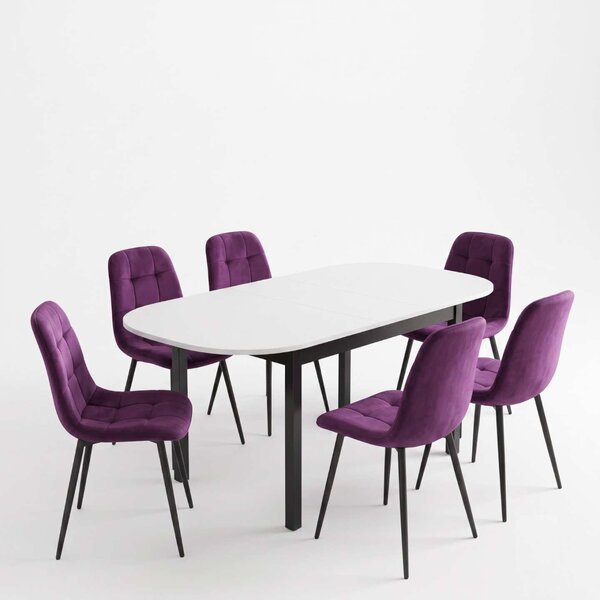 Set Masă Extensibilă Carla Albă 134–174 × 80 cm cu 6 Scaune Gya Mov, Tapițate, Picioare Metalice Negre