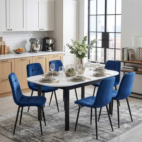 Set Masă Extensibilă Carla Albă 134–174 × 80 cm cu 6 Scaune Gya Albastre, Tapițate, Picioare Metalice Negre