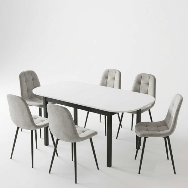 Set Masă Extensibilă Carla Albă 134–174 × 80 cm cu 6 Scaune Gya Gri, Tapițate, Picioare Metalice Negre