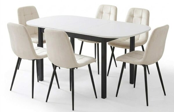 Set Masă Extensibilă Carla Albă 134–174 × 80 cm cu 6 Scaune Gya Crem, Tapițate, Picioare Metalice Negre