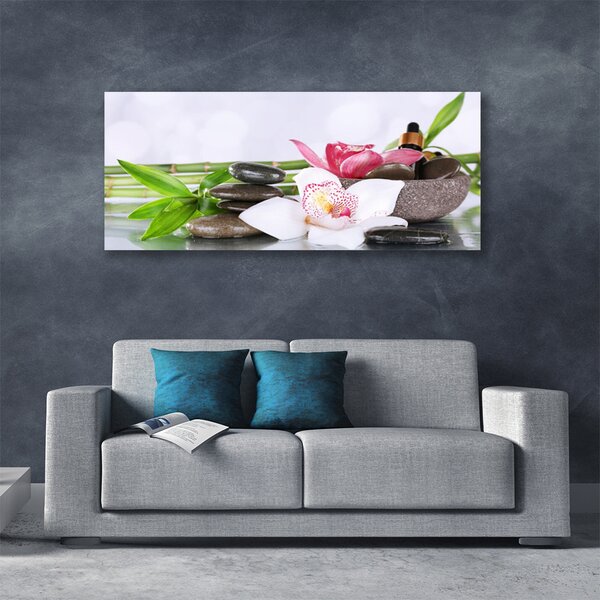 Tablou pe panza canvas Bambus Tulpini flori Stones Floral Verde Alb Gri