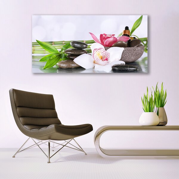 Tablou pe panza canvas Bambus Tulpini flori Stones Floral Verde Alb Gri