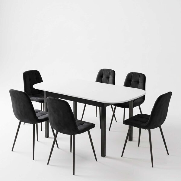 Set Masă Extensibilă Carla Albă 134–174 × 80 cm cu 6 Scaune Gya Negre, Tapițate, Picioare Metalice Negre
