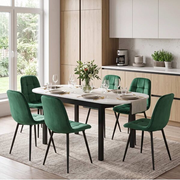 Set Masă Extensibilă Carla Albă 134–174 × 80 cm cu 6 Scaune Gya Verde, Tapițate, Picioare Metalice Negre