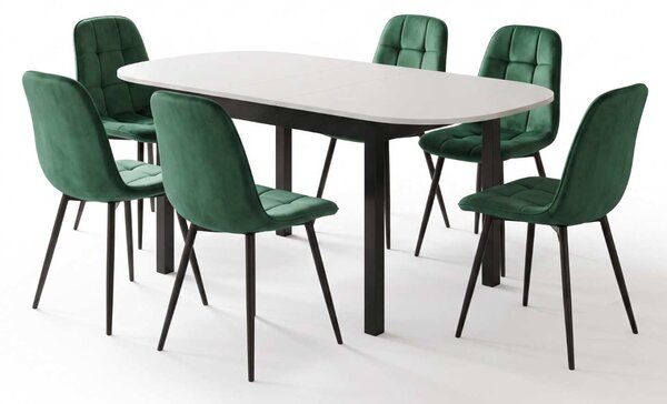 Set Masă Extensibilă Carla Albă 134–174 × 80 cm cu 6 Scaune Gya Verde, Tapițate, Picioare Metalice Negre
