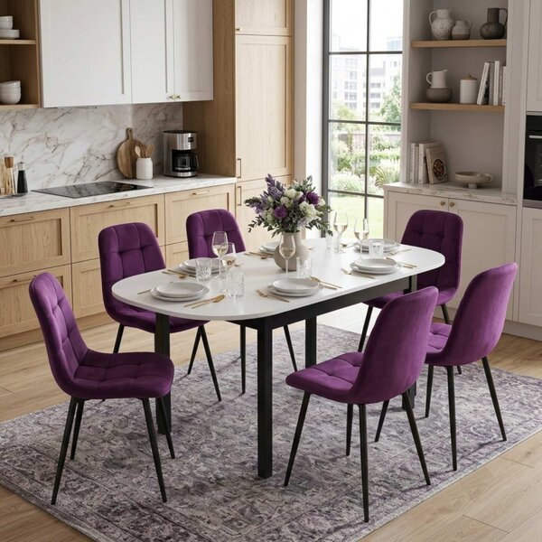 Set Masă Extensibilă Carla Albă 134–174 × 80 cm cu 6 Scaune Gya Mov, Tapițate, Picioare Metalice Negre