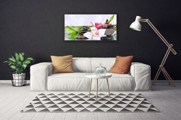 Tablou pe panza canvas Bambus Tulpini flori Stones Floral Verde Alb Gri