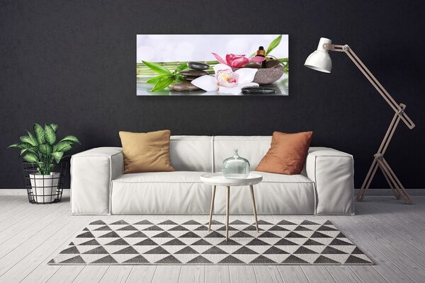 Tablou pe panza canvas Bambus Tulpini flori Stones Floral Verde Alb Gri