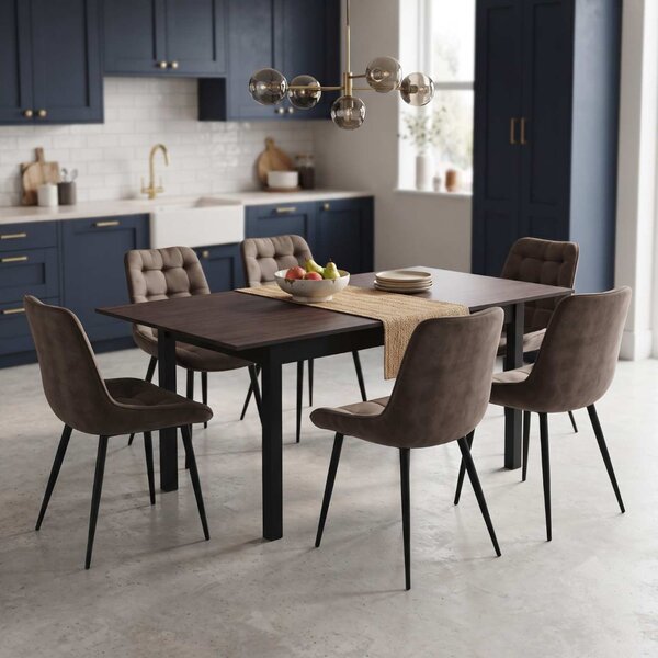 Set Masă Extensibilă Bucătărie / Dining Mara Wenge 130–170 × 75 cm cu 6 Scaune Onix Maro, Tapițate, Picioare Metalice Negre