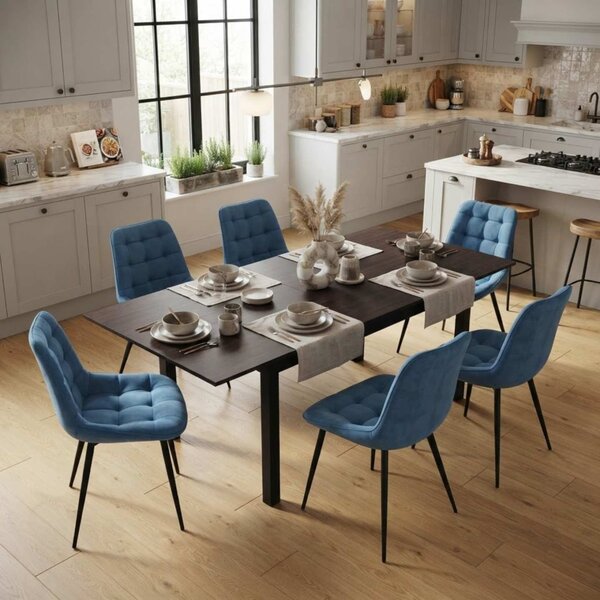 Set Masă Extensibilă Bucătărie / Dining Mara Wenge 130–170 × 75 cm cu 6 Scaune Onix Turcoaz, Tapițate, Picioare Metalice Negre