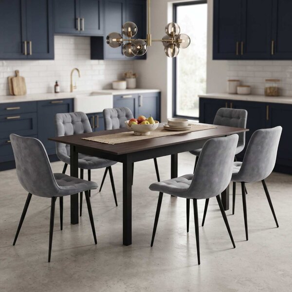 Set Masă Extensibilă Bucătărie / Dining Mara Wenge 130–170 × 75 cm cu 6 Scaune Onix Gri, Tapițate, Picioare Metalice Negre