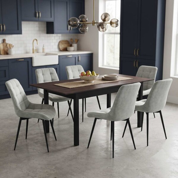 Set Masă Extensibilă Bucătărie / Dining Mara Wenge 130–170 × 75 cm cu 6 Scaune Onix Gri Deschis, Tapițate, Picioare Metalice Negre
