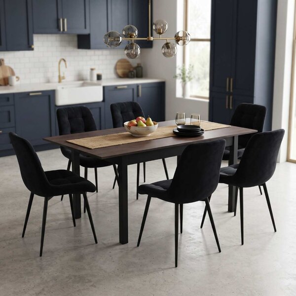 Set Masă Extensibilă Bucătărie / Dining Mara Wenge 130–170 × 75 cm cu 6 Scaune Onix Negru, Tapițate, Picioare Metalice Negre