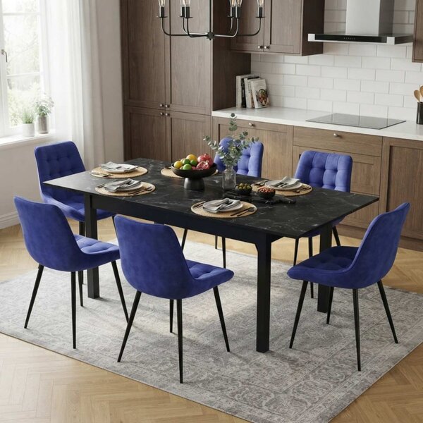 Set Masă Extensibilă Bucătărie / Dining Mara Negru Marmorat 130–170 × 75 cm cu 6 Scaune Onix Albastru, Tapițate, Picioare Metalice Negre