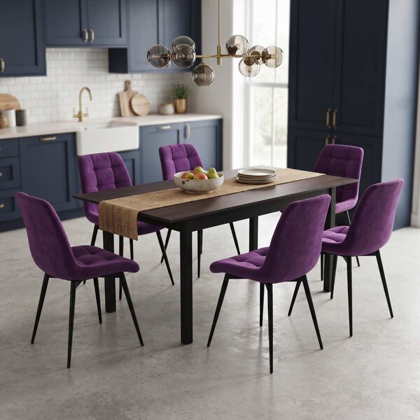 Set Masă Extensibilă Bucătărie / Dining Mara Wenge 130–170 × 75 cm cu 6 Scaune Onix Mov, Tapițate, Picioare Metalice Negre