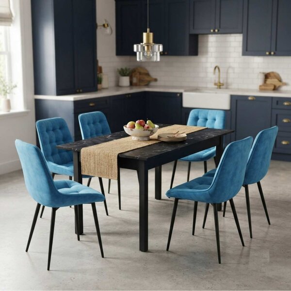 Set Masă Extensibilă Bucătărie / Dining Mara Negru Marmorat 130–170 × 75 cm cu 6 Scaune Onix Turcoaz Deschis, Tapițate, Picioare Metalice Negre