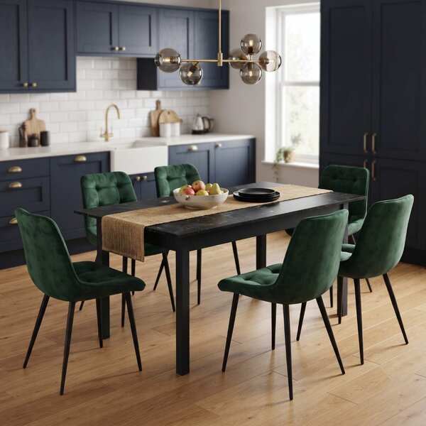 Set Masă Extensibilă Bucătărie / Dining Mara Negru Marmorat 130–170 × 75 cm cu 6 Scaune Onix Verde Închis, Tapițate, Picioare Metalice Negre