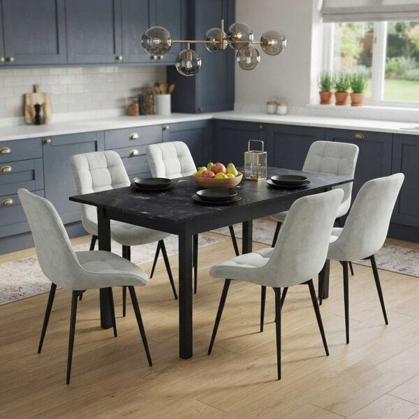 Set Masă Extensibilă Bucătărie / Dining Mara Negru Marmorat 130–170 × 75 cm cu 6 Scaune Onix Gri Deschis, Tapițate, Picioare Metalice Negre