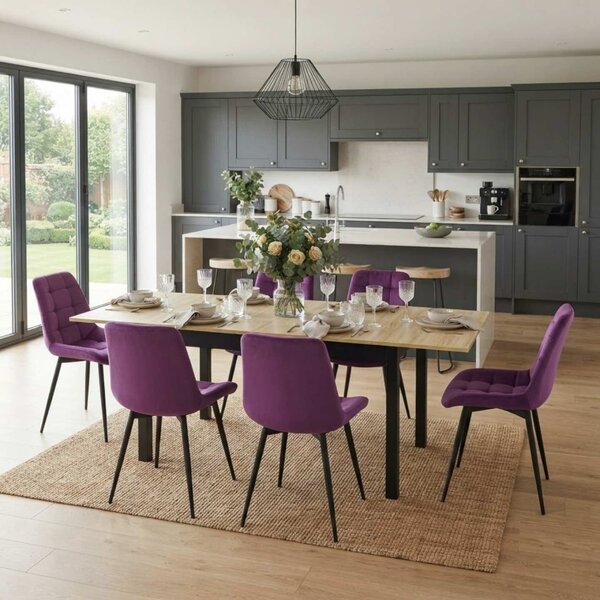 Set Masă Extensibilă Bucătărie / Dining Mara Stejar 130–170 × 75 cm cu 6 Scaune Onix Mov, Tapițate, Picioare Metalice Negre
