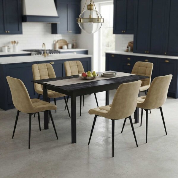Set Masă Extensibilă Bucătărie / Dining Mara Negru Marmorat 130–170 × 75 cm cu 6 Scaune Onix Bej, Tapițate, Picioare Metalice Negre