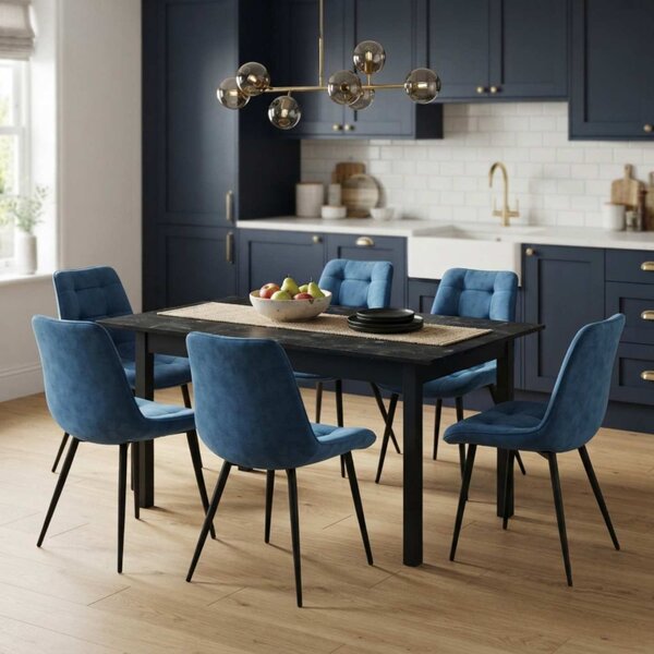 Set Masă Extensibilă Bucătărie / Dining Mara Negru Marmorat 130–170 × 75 cm cu 6 Scaune Onix Turcoaz, Tapițate, Picioare Metalice Negre