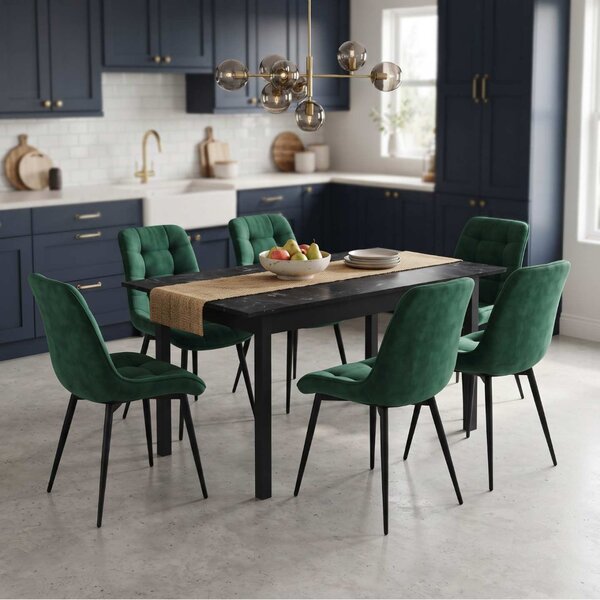 Set Masă Extensibilă Bucătărie / Dining Mara Negru Marmorat 130–170 × 75 cm cu 6 Scaune Onix Verde, Tapițate, Picioare Metalice Negre