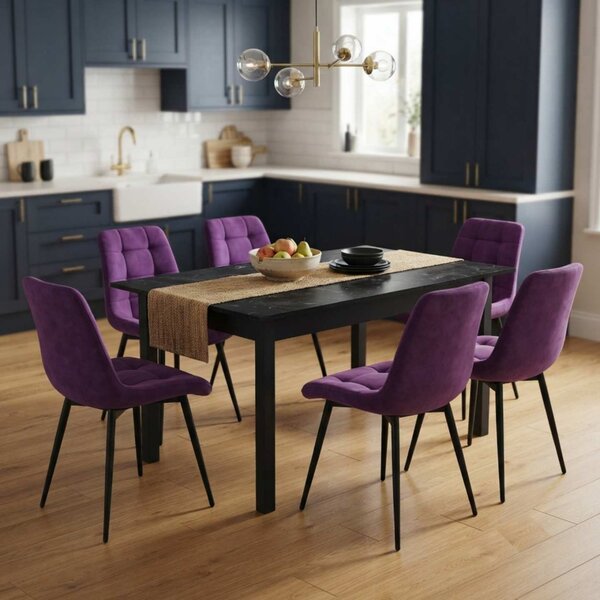 Set Masă Extensibilă Bucătărie / Dining Mara Negru Marmorat 130–170 × 75 cm cu 6 Scaune Onix Mov, Tapițate, Picioare Metalice Negre