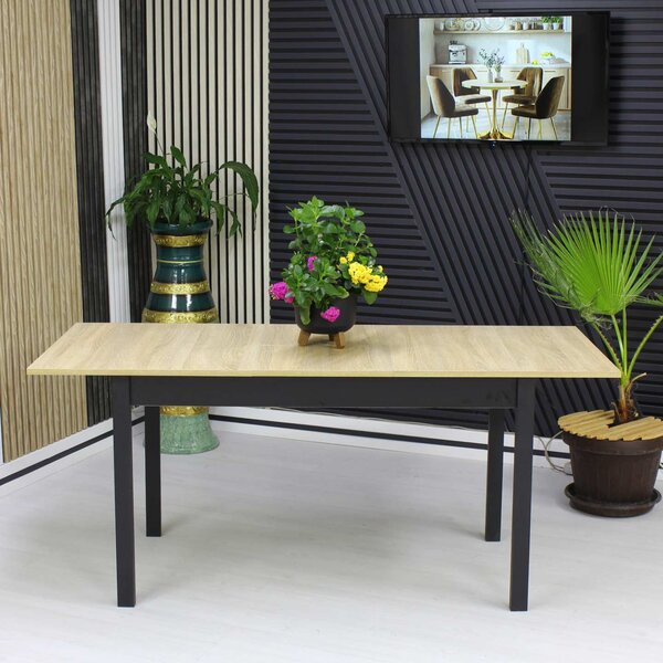 Set Masă Extensibilă Bucătărie / Dining Mara Stejar 130–170 × 75 cm cu 6 Scaune Onix Negru, Tapițate, Picioare Metalice Negre