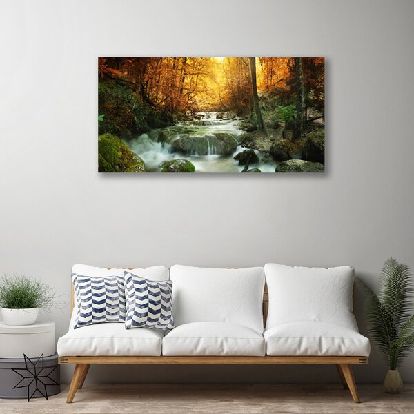 Tablou pe panza canvas Cascada Pietrele Natural Pădurea Brun Galben Gri Alb