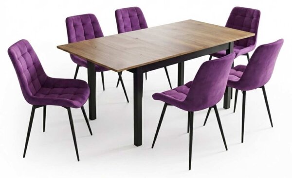 Set Masă Extensibilă Bucătărie / Dining Mara Nuc 130–170 × 75 cm cu 6 Scaune Onix Mov, Tapițate, Picioare Metalice Negre