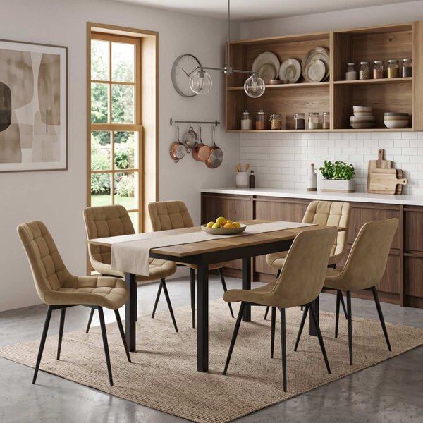 Set Masă Extensibilă Bucătărie / Dining Mara Nuc 130–170 × 75 cm cu 6 Scaune Onix Bej, Tapițate, Picioare Metalice Negre