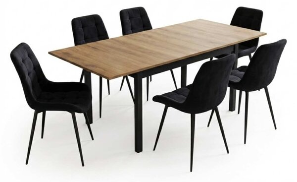 Set Masă Extensibilă Bucătărie / Dining Mara Nuc 130–170 × 75 cm cu 6 Scaune Onix Negru, Tapițate, Picioare Metalice Negre
