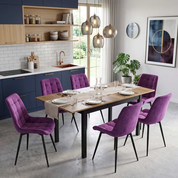 Set Masă Extensibilă Bucătărie / Dining Mara Nuc 130–170 × 75 cm cu 6 Scaune Onix Mov, Tapițate, Picioare Metalice Negre