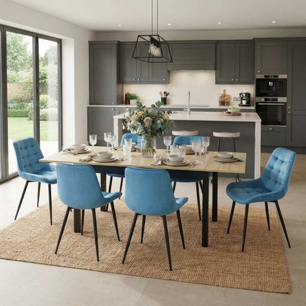 Set Masă Extensibilă Bucătărie / Dining Mara Stejar 130–170 × 75 cm cu 6 Scaune Onix Turcoaz Deschis, Tapițate, Picioare Metalice Negre