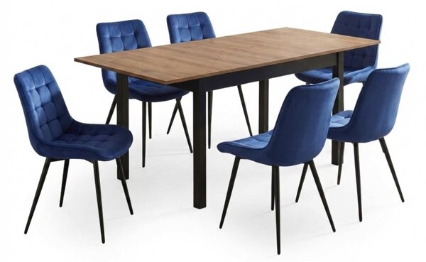 Set Masă Extensibilă Bucătărie / Dining Mara Nuc 130–170 × 75 cm cu 6 Scaune Onix Albastru, Tapițate, Picioare Metalice Negre
