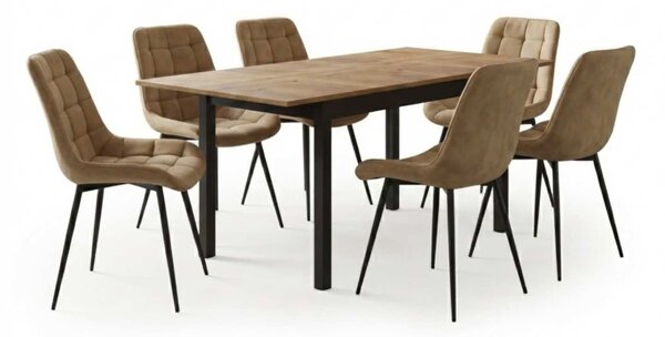 Set Masă Extensibilă Bucătărie / Dining Mara Nuc 130–170 × 75 cm cu 6 Scaune Onix Bej, Tapițate, Picioare Metalice Negre