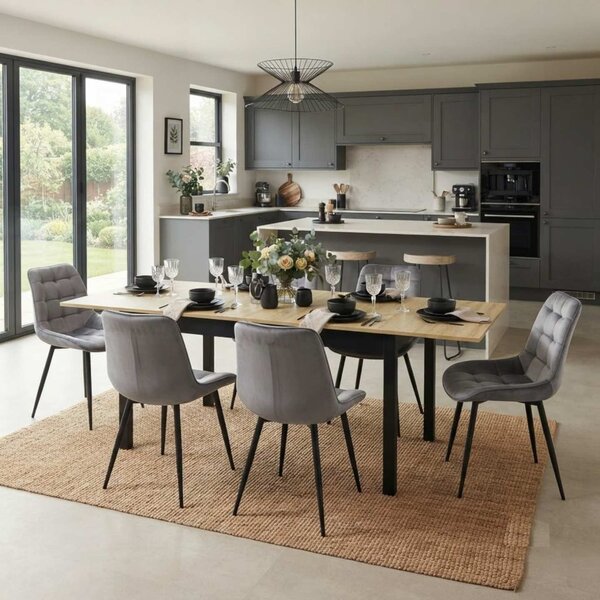 Set Masă Extensibilă Bucătărie / Dining Mara Stejar 130–170 × 75 cm cu 6 Scaune Onix Gri, Tapițate, Picioare Metalice Negre
