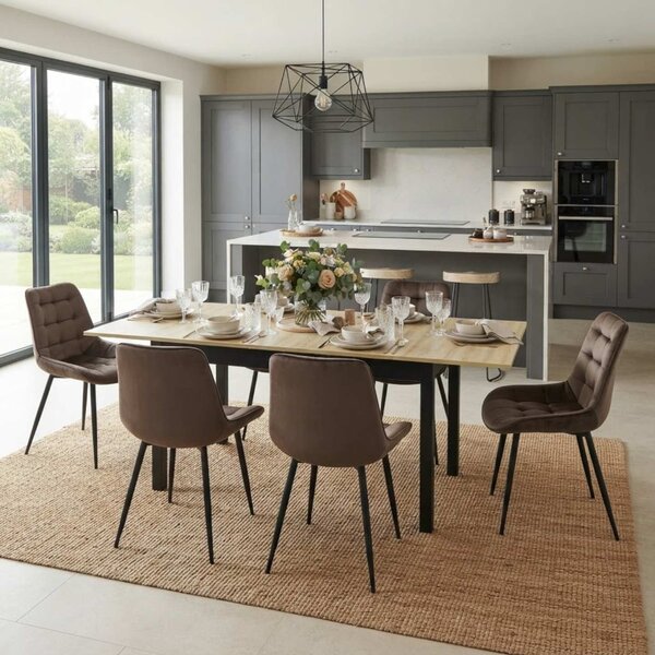 Set Masă Extensibilă Bucătărie / Dining Mara Stejar 130–170 × 75 cm cu 6 Scaune Onix Maro, Tapițate, Picioare Metalice Negre
