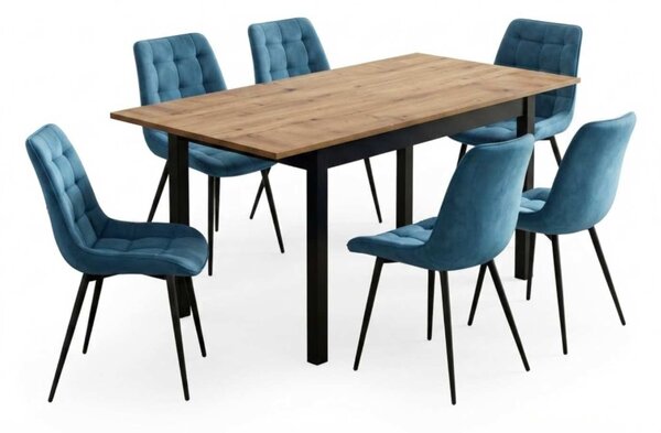 Set Masă Extensibilă Bucătărie / Dining Mara Nuc 130–170 × 75 cm cu 6 Scaune Onix Turcoaz, Tapițate, Picioare Metalice Negre