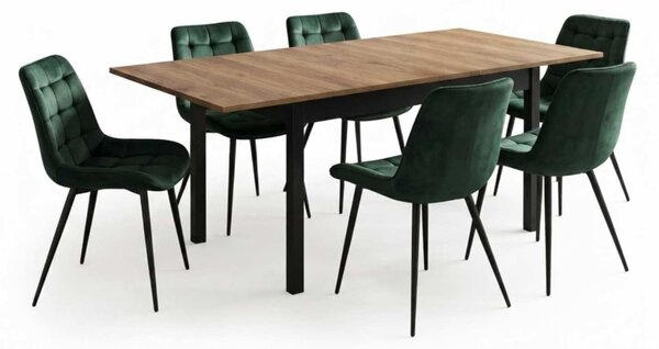 Set Masă Extensibilă Bucătărie / Dining Mara Nuc 130–170 × 75 cm cu 6 Scaune Onix Verde Închis, Tapițate, Picioare Metalice Negre