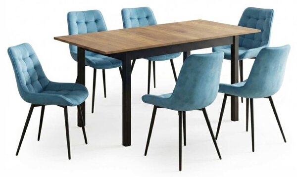 Set Masă Extensibilă Bucătărie / Dining Mara Nuc 130–170 × 75 cm cu 6 Scaune Onix Turcoaz Deschis, Tapițate, Picioare Metalice Negre