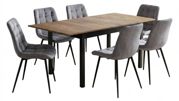 Set Masă Extensibilă Bucătărie / Dining Mara Nuc 130–170 × 75 cm cu 6 Scaune Onix Gri, Tapițate, Picioare Metalice Negre