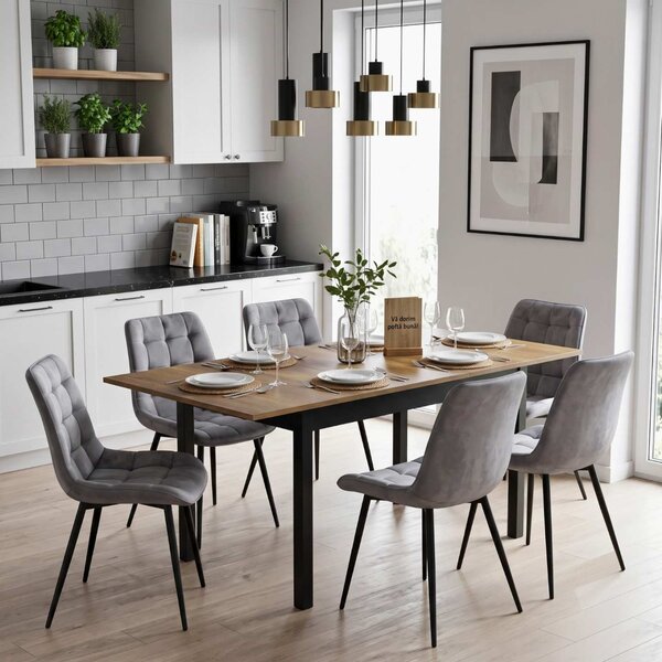 Set Masă Extensibilă Bucătărie / Dining Mara Nuc 130–170 × 75 cm cu 6 Scaune Onix Gri, Tapițate, Picioare Metalice Negre