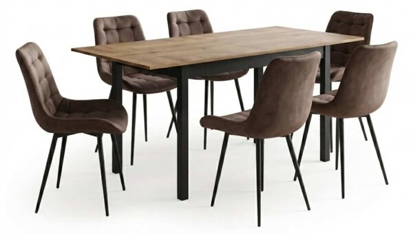 Set Masă Extensibilă Bucătărie / Dining Mara Nuc 130–170 × 75 cm cu 6 Scaune Onix Maro, Tapițate, Picioare Metalice Negre