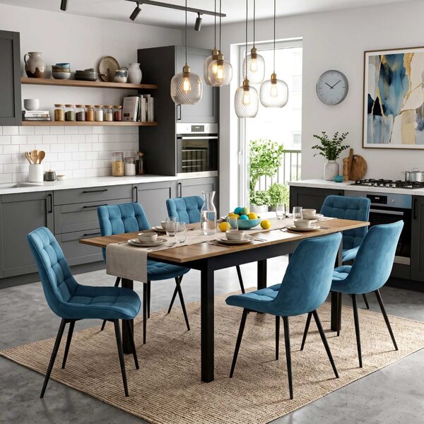 Set Masă Extensibilă Bucătărie / Dining Mara Nuc 130–170 × 75 cm cu 6 Scaune Onix Turcoaz, Tapițate, Picioare Metalice Negre