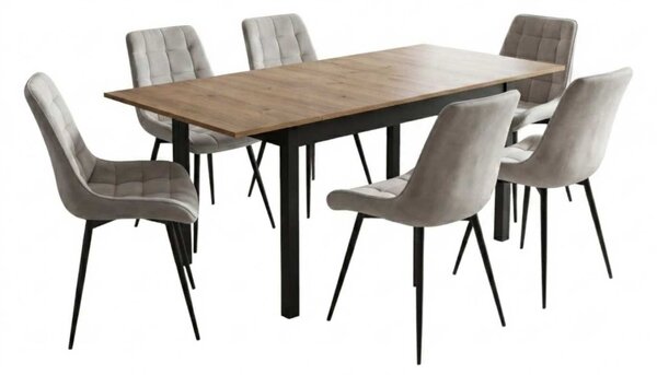 Set Masă Extensibilă Bucătărie / Dining Mara Nuc 130–170 × 75 cm cu 6 Scaune Onix Gri Deschis, Tapițate, Picioare Metalice Negre