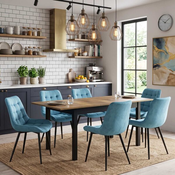 Set Masă Extensibilă Bucătărie / Dining Mara Nuc 130–170 × 75 cm cu 6 Scaune Onix Turcoaz Deschis, Tapițate, Picioare Metalice Negre