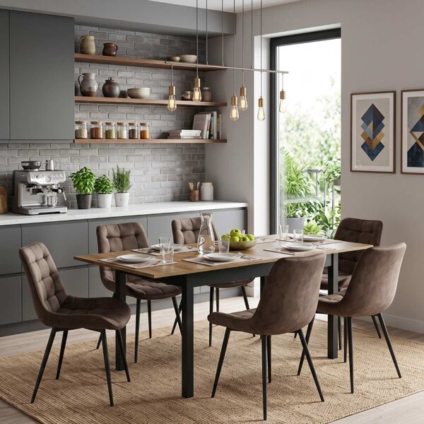 Set Masă Extensibilă Bucătărie / Dining Mara Nuc 130–170 × 75 cm cu 6 Scaune Onix Maro, Tapițate, Picioare Metalice Negre